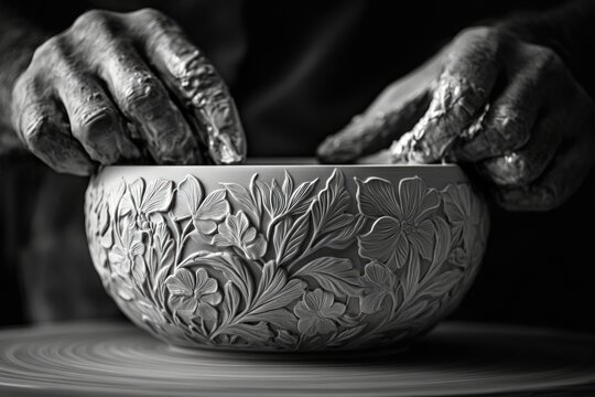 Skilled hands meticulously sculpt a beautiful ceramic bowl adorned with intricate floral relief patterns. This monochrome artwork captures the artistry of pottery creation.