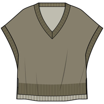 Oversize Drop Shoulder Sweater Vest Fashion Flat Sketch Vector Illustration, CAD, Technical Drawing, Flat Drawing, Template, Mockup.	