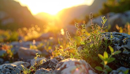 Golden Hour Sunbeams Illuminate Rocky Mountain Meadow With Wildflowers And Glistening Dew Drops