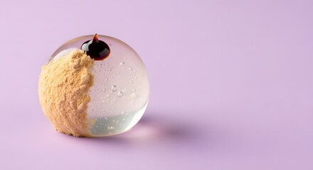 Abstract Sphere with Powder and Dark Liquid Droplet on Pastel Background