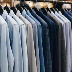 A row of neatly hung men's dress shirts and suits in various shades of blue, grey, and light blue, showcasing a sophisticated wardrobe selection