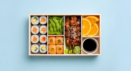 Bento Box with Sushi, Skewers, Edamame, and Orange Slices - Top View
