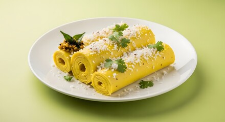 Authentic Indian Khandvi Dish with Grated Coconut and Coriander