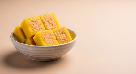 Bright Yellow Barfi Indian Dessert in a White Bowl on a Neutral Background