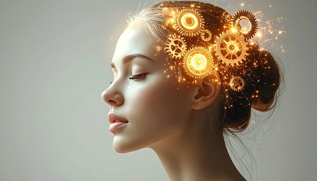 Conceptual image of a womans head with gears representing thought.