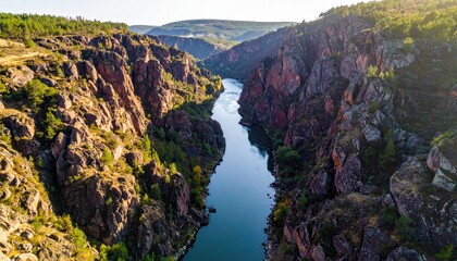 Dramatic River Canyon With Rugged Reddish Rocky Cliffs and Green Vegetation Under a Bright Blue Sky During Golden Hour