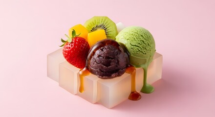 Artistic Dessert: Matcha Ice Cream, Red Bean Paste, Strawberry, Kiwi, Mango on Gelatin Cubes with Syrup Drizzle
