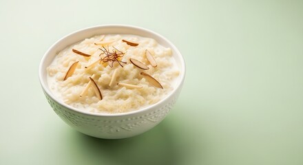 Creamy Kheer Rice Pudding with Almonds and Saffron in White Bowl