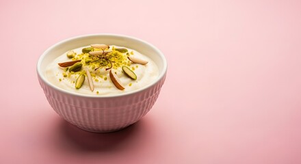 Creamy Dessert in Bowl with Pistachios, Almonds, and Saffron Threads