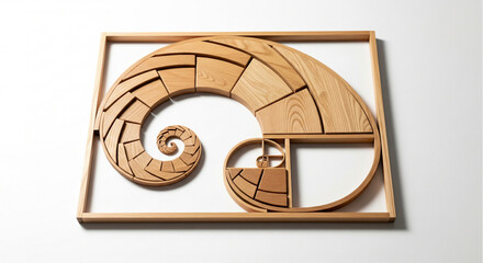A beautiful wooden sculpture of the Golden Ratio. This framed Fibonacci spiral represents perfect design, harmony, and mathematics. Ideal for art, science, or business concepts.