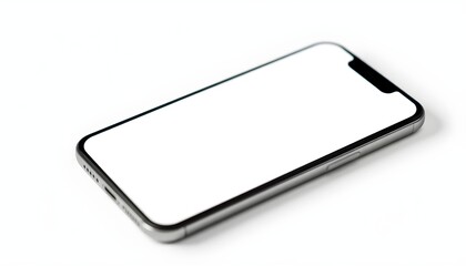 A close-up view of a modern smartphone with a blank white screen, isolated on white.