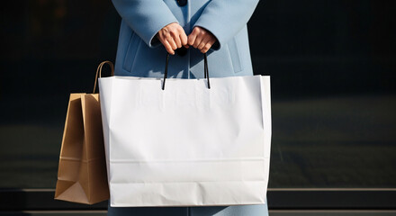 Mid-section of a woman in a stylish blue coat holding a large blank white paper bag and a brown kraft bag, perfect for shopping mockup