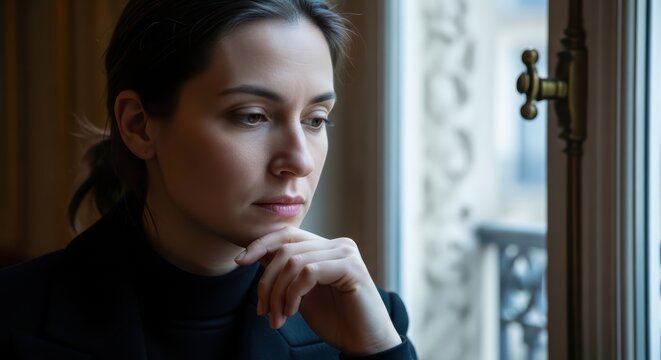 Thoughtful young caucasian female gazing out window in contemplation