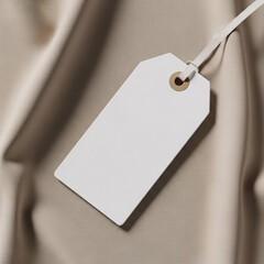 Blank product tag on a silky, draped fabric surface, perfect for retail and branding concepts