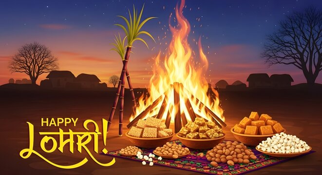 Happy lohri celebration with a bonfire, sugarcane, and bowls of traditional indian sweets and snacks