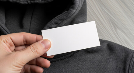 Person's hand presenting a blank white business card mockup on a stylish dark grey hoodie, ideal for displaying custom branding, logo, or personalized message in a clean, modern template setting