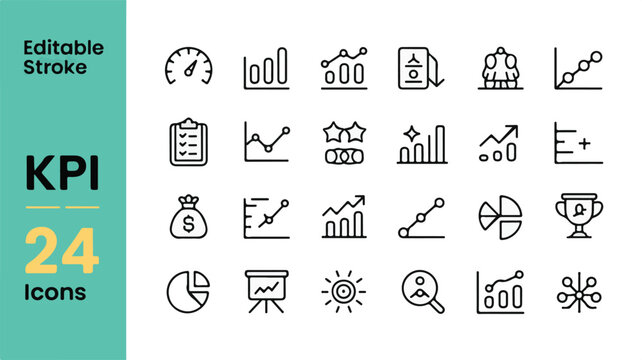 24 minimalist black line business analytics icons grid, featuring KPI symbols, charts, graphs, metrics, data visualization, editable stroke, modern professional vector design.