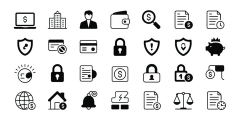 Black and white minimalist financial and business icons in three rows, uniform size, clean lines, grid layout, monochromatic, professional, modern, secure, banking, money, commerce.