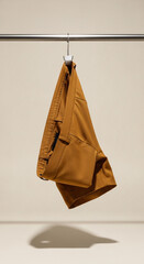 Comfortable and casual ochre-colored cargo pants hanging from a metallic rod, highlighting their relaxed fit and practical design