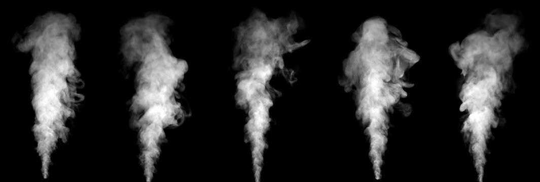 Five realistic white smoke streams rising on a black background, perfect for visual effects, motion graphics, and cinematic design. Ideal for overlays, fantasy art, or atmospheric digital projects.