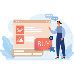 Woman Points To Buy Button On Digital Interface With Charts And Images Showing Online Shopping Data Analysis