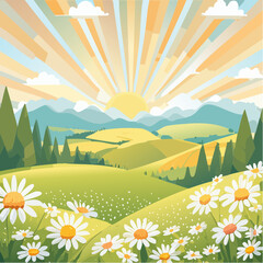 Fototapeta premium Late summer country landscape with daisies meadow and sunbeam