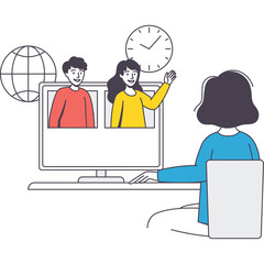 Woman participating in a video conference call with two colleagues connecting globally with digital earth and clock indicating time zones and schedules
