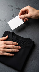 Mockup of a Black T-shirt with a Hand Holding a Blank Card for Design