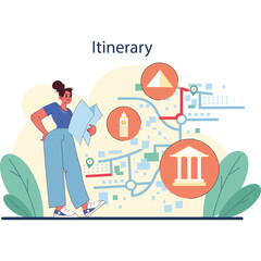 Woman Planning Travel Itinerary with Famous Landmarks and Map Routes Visual Representation of Vacation Planning and Logistics