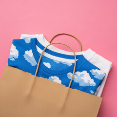 Freshly purchased colorful t-shirts with playful cloud designs peeking from a brown paper shopping bag, set against a vibrant pink background, ready for fun new outfits