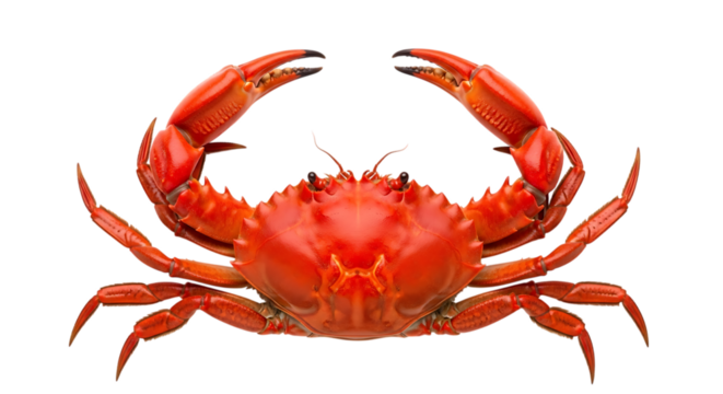 Bright red crab with claws raised isolated on transparent background