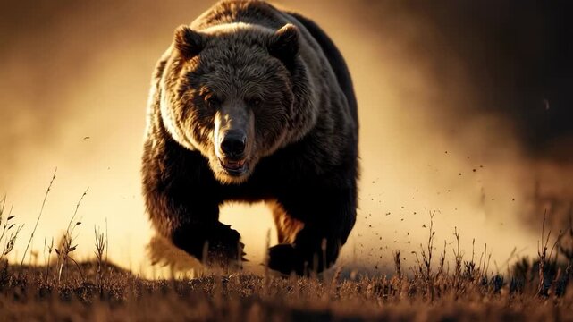 Powerful grizzly bear sprints through golden dust during sunset in a wild terrain