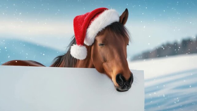 Brown horse wearing a red Santa hat stands in snow with a blank white sign in front. Snowflakes are falling in a winter landscape. Fun and festive animal scene.