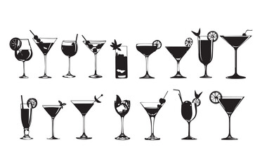 Minimalist cocktail icon with a fitting design. Black silhouette of a cocktail glass, perfect for a bar, drinking, or party theme. Simple cocktail symbol for menus. Vector icon.