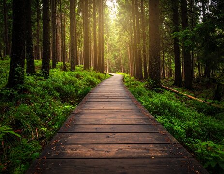 Sunlit wooden path through a lush forest