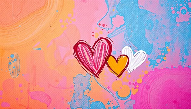 Whimsical hand-drawn hearts in rainbow hues on a vibrant, textured background,  sweet hearts,  design - Powered by Adobe