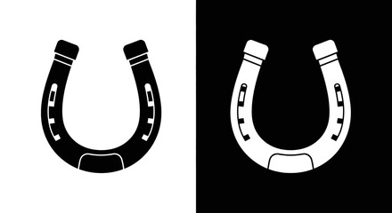 A simple graphic illustration of a horseshoe icon presented in two contrasting versions, black on a white background and white on a black background.