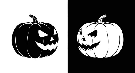 A spooky Jack-o'-lantern illustration in a contrasting black and white split design, showing positive and negative versions.