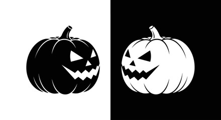 A black and white graphic illustration of two spooky carved Halloween Jack-o'-lanterns in a contrasting design.