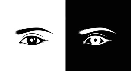 A minimalist graphic illustration of a woman's eye shown in black on a white background and its inverse.