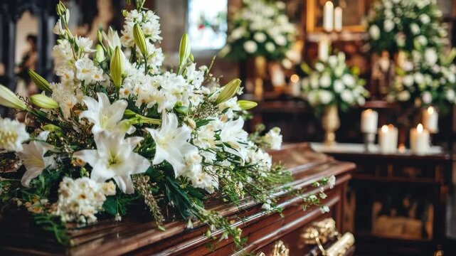 Wooden coffin beautifully adorned with white lilies and delicate flora set in a solemn indoor space during a memorial service