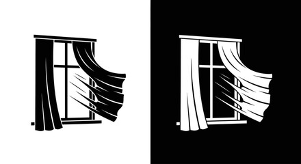 A graphic illustration of an open window with curtains billowing in the wind, presented in both black on white and white on black variations.