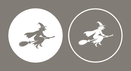 A set of two circular icons depicting a witch silhouette flying on a broomstick, shown in both dark on light and light on dark variations.