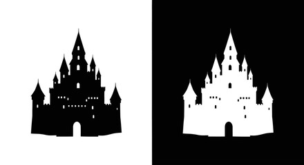 A black and white silhouette of a fairytale castle with multiple towers, shown in both positive and negative space versions.