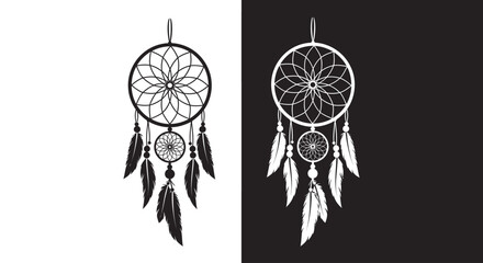A pair of dreamcatcher illustrations, one black on a white background and its negative white on black.