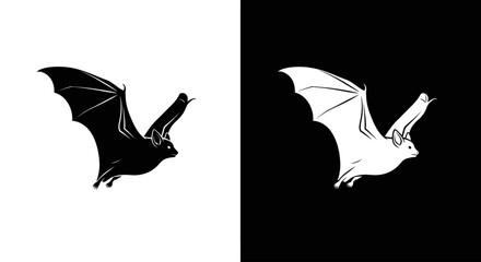 A high-contrast, symmetrical illustration of two flying bats in black and white inverse color schemes.