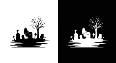 A spooky Halloween graveyard scene with a ghost, tombstones, and a barren tree, presented in black and white.