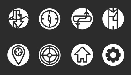 A collection of eight white circular line icons for navigation and location on a dark background.