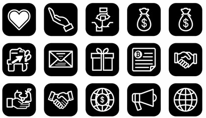A set of white outline icons on black squares representing charity, donation, finance, and global business concepts.