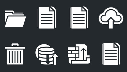 A collection of white icons representing digital data management concepts like files, folders, cloud storage, and security.